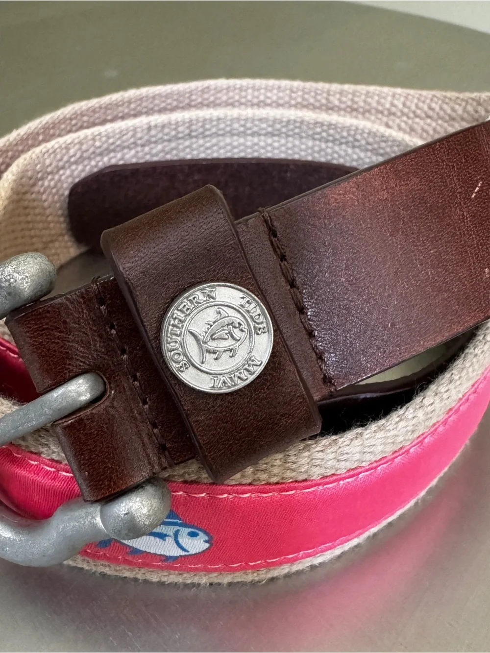 Southern Tide Coral Pink & Tan Canvas Web Belt Skipjack 38